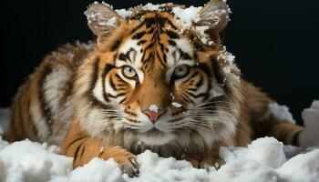 ein Niedlich, gestreift Tiger starrt, Achtung im es ist Augen generiert durch ai foto