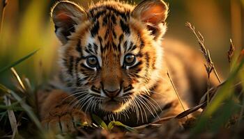 süß Bengalen Tiger starren, versteckt im still Regenwald generiert durch ai foto