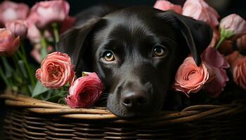 süß Hündchen Sitzung, riechen Blume, Liebe im Natur Geschenk generiert durch ai foto