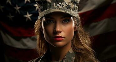 einer jung Frau, stolz und zuversichtlich, im Militär- Uniform generiert durch ai foto