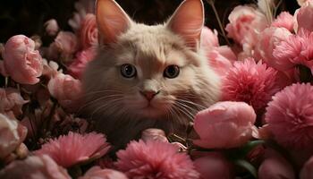 süß Kätzchen Sitzung draußen, suchen beim Rosa Blume generiert durch ai foto