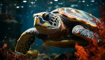 ein schön Blau Meer Schildkröte Schwimmen im tropisch Wasser generiert durch ai foto