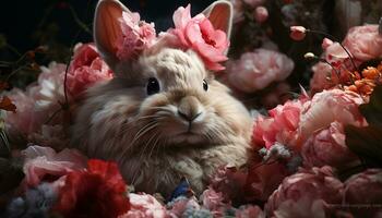 süß Baby Hase Sitzung auf Gras, umgeben durch Blumen generiert durch ai foto