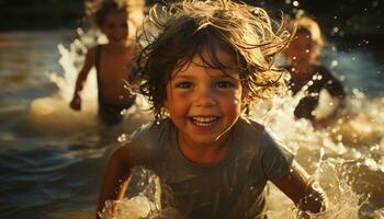 lächelnd Mädchen spritzen, genießen sorglos Kindheit im Natur generiert durch ai foto