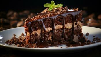 ein frisch Scheibe von hausgemacht Schokolade Kuchen auf ein Teller generiert durch ai foto