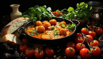 Frische auf Teller gesund Gourmet Mahlzeit mit Vegetarier Essen generiert durch ai foto