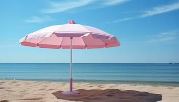 Entspannung auf sandig Strand, Sonnenbaden unter Blau Regenschirm generiert durch ai foto