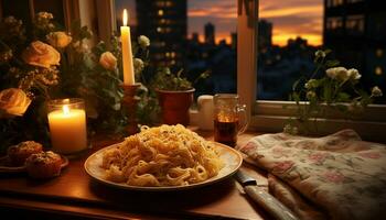 Gourmet Mahlzeit auf Tisch, Kerze Flamme leuchtet Feier generiert durch ai foto