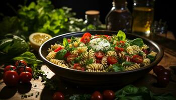 Frische auf ein Teller gesund Pasta Salat mit Gourmet Zutaten generiert durch ai foto