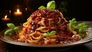 hausgemacht Pasta Mahlzeit mit Bolognese Soße, frisch Tomate, und Parmesan generiert durch ai foto