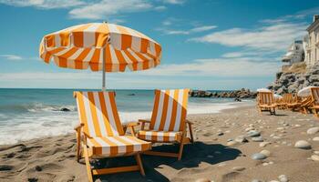 Sommer- Urlaube Sand, Stuhl, draußen, Natur, Entspannung, Küste, Blau generiert durch ai foto