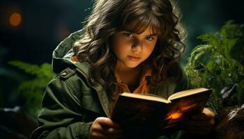einer Person lesen Buch draußen, Lernen im Natur generiert durch ai foto