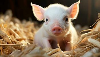 süß Ferkel auf ein Bauernhof, umgeben durch Natur und Heu generiert durch ai foto