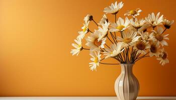 Gelb Gänseblümchen Strauß auf hölzern Tisch, Natur beschwingt Geschenk generiert durch ai foto