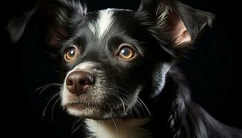 süß Hündchen Sitzung, suchen beim Kamera, schwarz Hintergrund, reinrassig Hund generiert durch ai foto