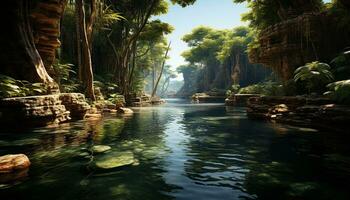 still Szene von tropisch Regenwald, fließend Wasser, und üppig Grün generiert durch ai foto