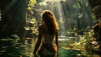 ein jung Frau genießen Natur Schönheit, Sitzung durch das Wasser generiert durch ai foto