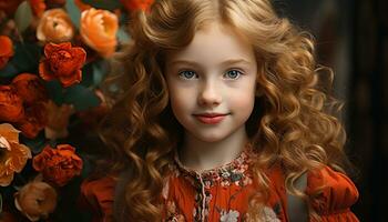 ein Niedlich, lächelnd kaukasisch Mädchen mit lockig blond Haar generiert durch ai foto