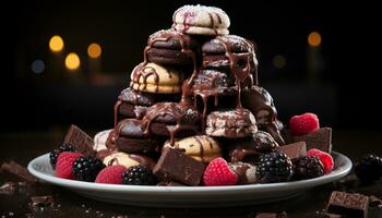 ein dekadent Stapel von hausgemacht dunkel Schokolade Himbeere Brownie Kekse generiert durch ai foto