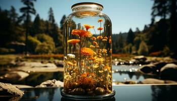 Natur Schönheit reflektiert im ein frisch Sommer- Blume gefüllt Glas Krug generiert durch ai foto