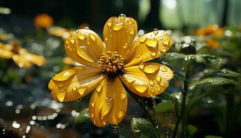 beschwingt Gerbera Gänseblümchen Blüten im nass Wiese, Erfassen Sommer- Schönheit generiert durch ai foto