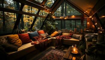 komfortabel Sofa im ein modern Leben Zimmer mit rustikal Dekor generiert durch ai foto