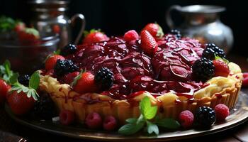 Frische und Süße auf ein Platte, ein hausgemacht Beere Dessert generiert durch ai foto