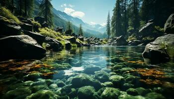 majestätisch Berg Gipfel spiegelt im still fließend Wasser generiert durch ai foto