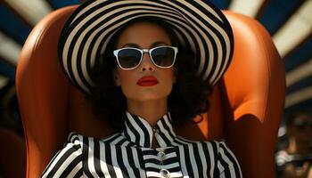 jung Frau im Sonnenbrille strahlt aus Eleganz und Schönheit draußen generiert durch ai foto