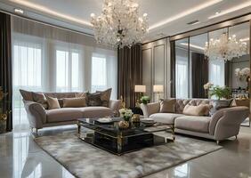 Luxus modern Leben Zimmer mit elegant Dekoration ai generiert foto