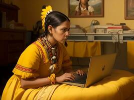 Frauen Arbeiten auf ein Computer beim Zuhause - - ai generiert foto