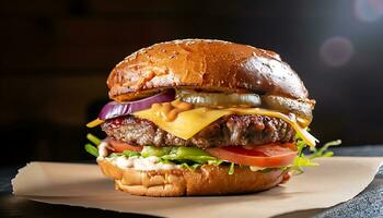 Vorderseite Aussicht von Burger mit Rindfleisch Fleisch geschmolzen Käse und Gemüse - - ai generiert foto