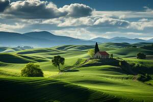 ein Feld mit Grün Gras und rollen Hügel. ai generativ foto