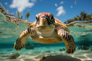 ein Meer Schildkröte wandert gemächlich im das riesig Ozean. ai generativ foto