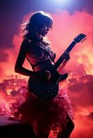 Silhouette von ein 18 Jahr alt Mädchen, weiblich Felsen Sänger, abspielen ein elektrisch Gitarre und singen, Vorderseite, Jahrgang Mode, modern Plakate. ai generativ foto