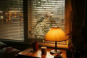 das Fenster Schatten ist gezogen Nieder auf halber Strecke, zulassen ein weich, diffus Licht zu Filter in das Zimmer, Erstellen ein gemütlich Atmosphäre. ai generativ foto