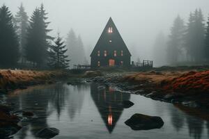 Fachmann Landschaft Fotografie im das mystisch Nebel Landschaft mit ein Kirche. ai generativ foto