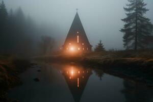Fachmann Landschaft Fotografie im das mystisch Nebel Landschaft mit ein Kirche. ai generativ foto