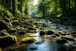 Frühling Wald Natur Landschaft, schön Frühling Strom, Fluss Felsen im Berg Wald. ai generativ foto