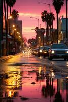 Straße im ein Rosa Licht, Sonnenuntergang, filmisch, Foto-Shooting. ai generativ foto