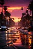 Straße im ein Rosa Licht, Sonnenuntergang, filmisch, Foto-Shooting. ai generativ foto