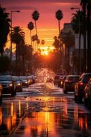 Straße im ein Rosa Licht, Sonnenuntergang, filmisch, Foto-Shooting. ai generativ foto