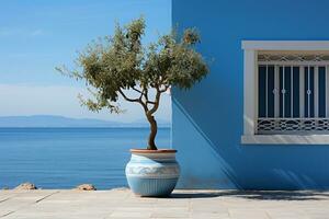 Blau Pflanzer in der Nähe von das Türöffnung neben mit Blick auf das Meer. ai generativ foto