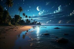 realistisch Bild Das erfasst das elegant Charme von ein glühend Mond suspendiert niedrig Über ein still Blau Meer. ai generativ foto