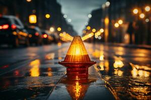 Warnung Lampe im das Straße beim Nacht. rot warnen Lampe oder Warnung Indikator. ai generativ foto