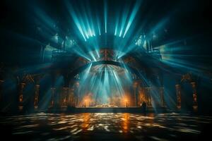 Konzert Bühne mit Bildschirm beleuchtet durch Scheinwerfer. ai generativ foto