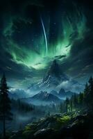 Meteor, Grün Polarlicht, Nacht Himmel. ai generativ foto