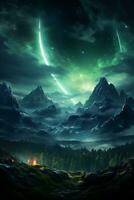 Meteor, Grün Polarlicht, Nacht Himmel. ai generativ foto