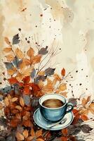 Beige Hintergrund mit Kaffee Flecken und Herbst Blätter im Aquarell Stil. ai generativ foto