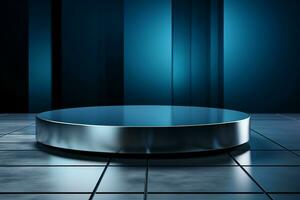 ein Silber Metall Podium und Hintergrund im Studio Beleuchtung Blau Hintergrund. ai generativ foto